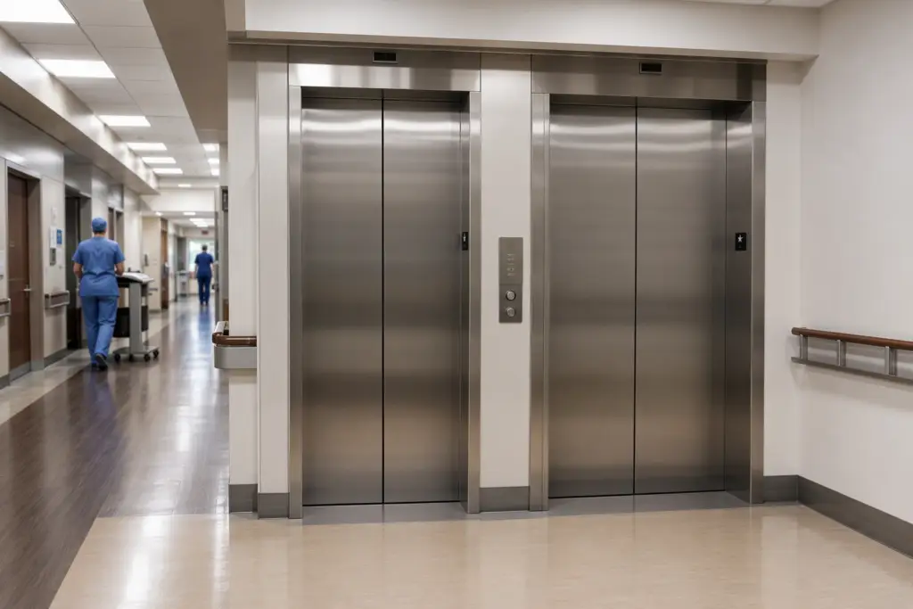 Commercial elevator service in a Southern California hospital lobby showing stainless-steel cab doors, ADA call buttons, and a posted Cal/OSHA permit to operate.