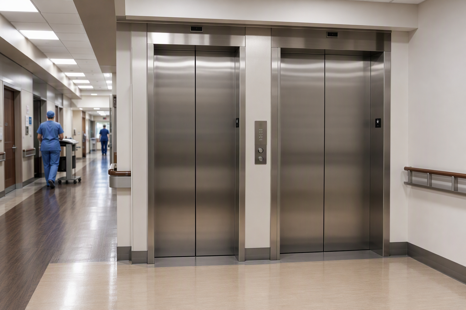 Commercial elevator service in a Southern California hospital lobby showing stainless-steel cab doors, ADA call buttons, and a posted Cal/OSHA permit to operate.