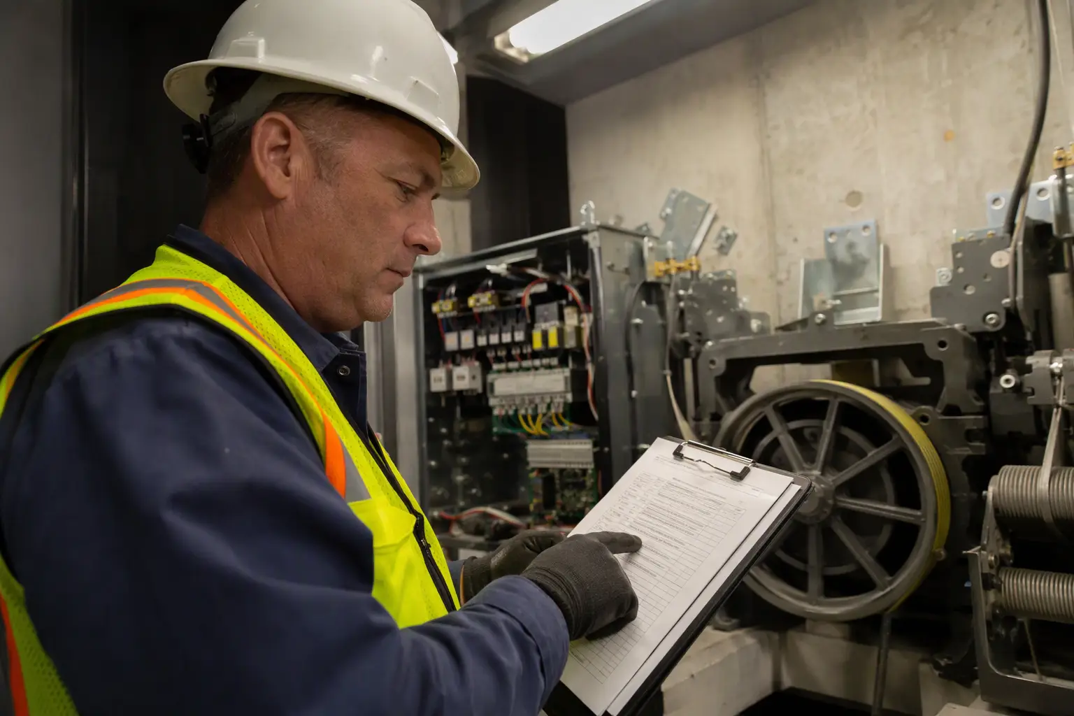 Cal/OSHA-certified elevator inspector reviewing a compliance checklist in a medical building machine room as part of commercial elevator service in Los Angeles County.