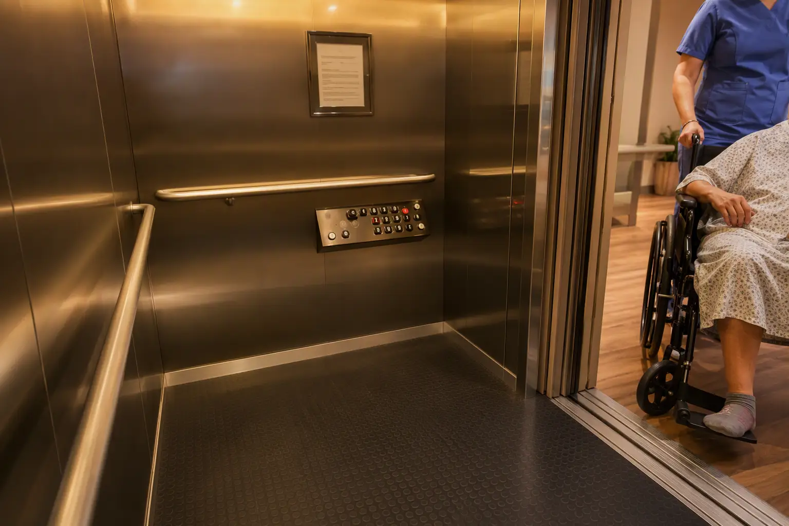 ADA-compliant elevator cab interior at a Southern California long-term care facility showing handrails, braille control panel, and accessible design maintained through commercial elevator service.