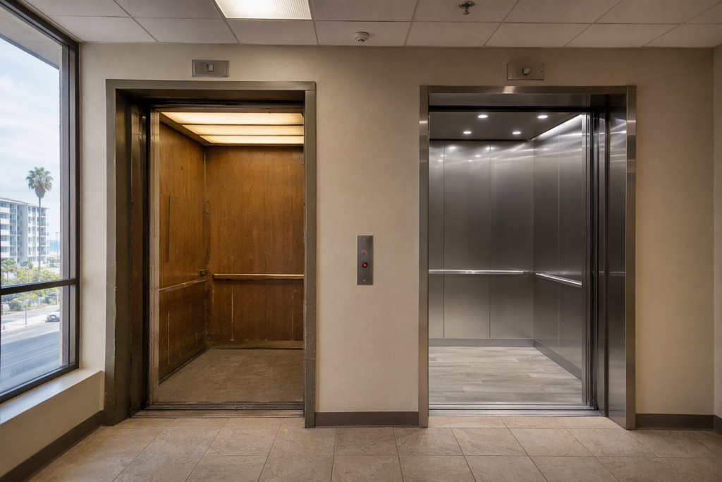 Side-by-side comparison of an outdated elevator cab versus a modernized elevator interior in a Long Beach CA commercial building, showing upgrade scope differences.