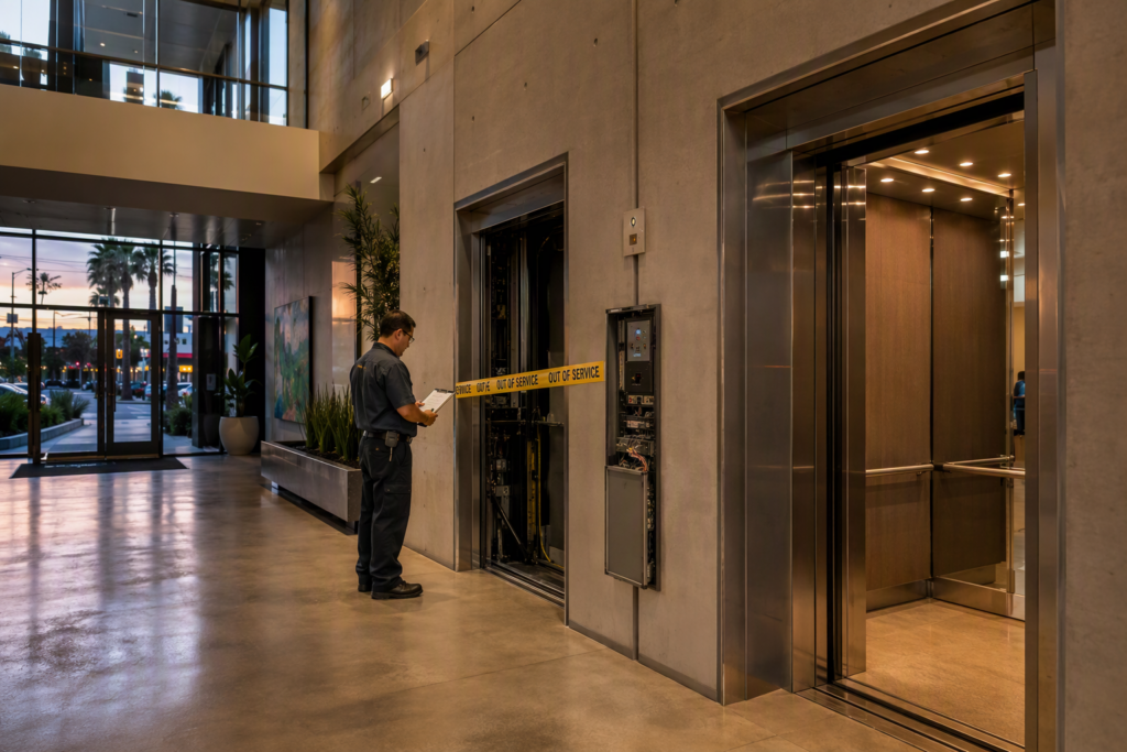 Elevator breakdown emergency response in a Long Beach CA commercial lobby, with an out-of-service barrier and a certified elevator technician reviewing the control panel.