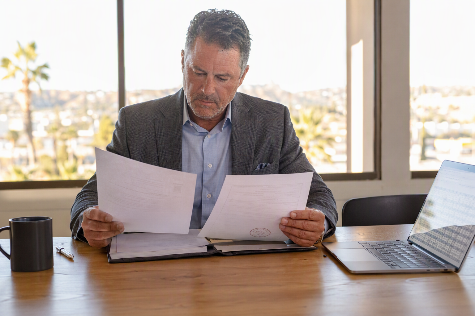 Comparing Elevator Service Providers Building owner comparing elevator emergency service provider credentials and Cal/OSHA CQCC certification documents in a Southern California office.