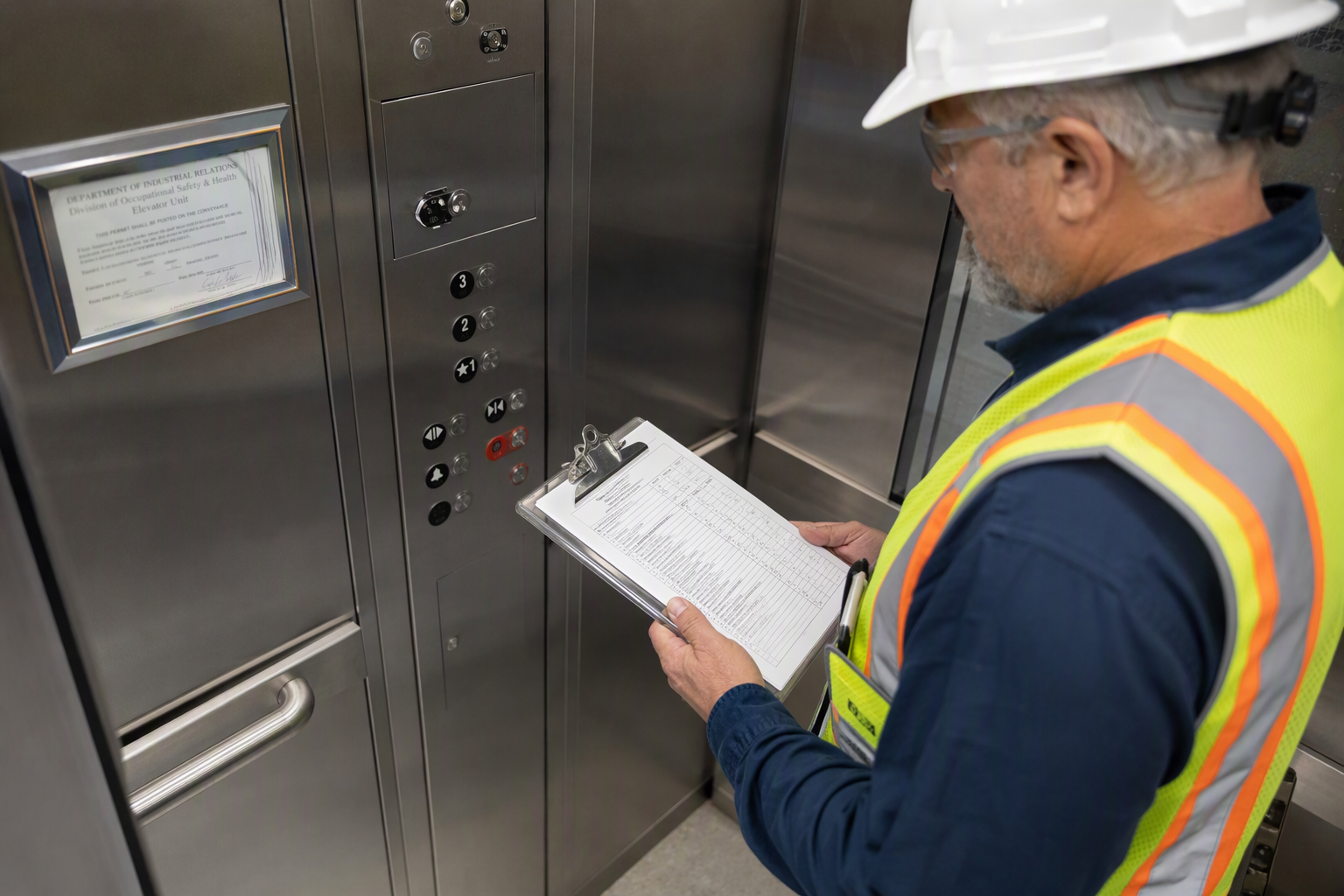 Cal/OSHA elevator inspector reviewing compliance checklist inside a hydraulic elevator cab at a California senior living facility during annual inspection.