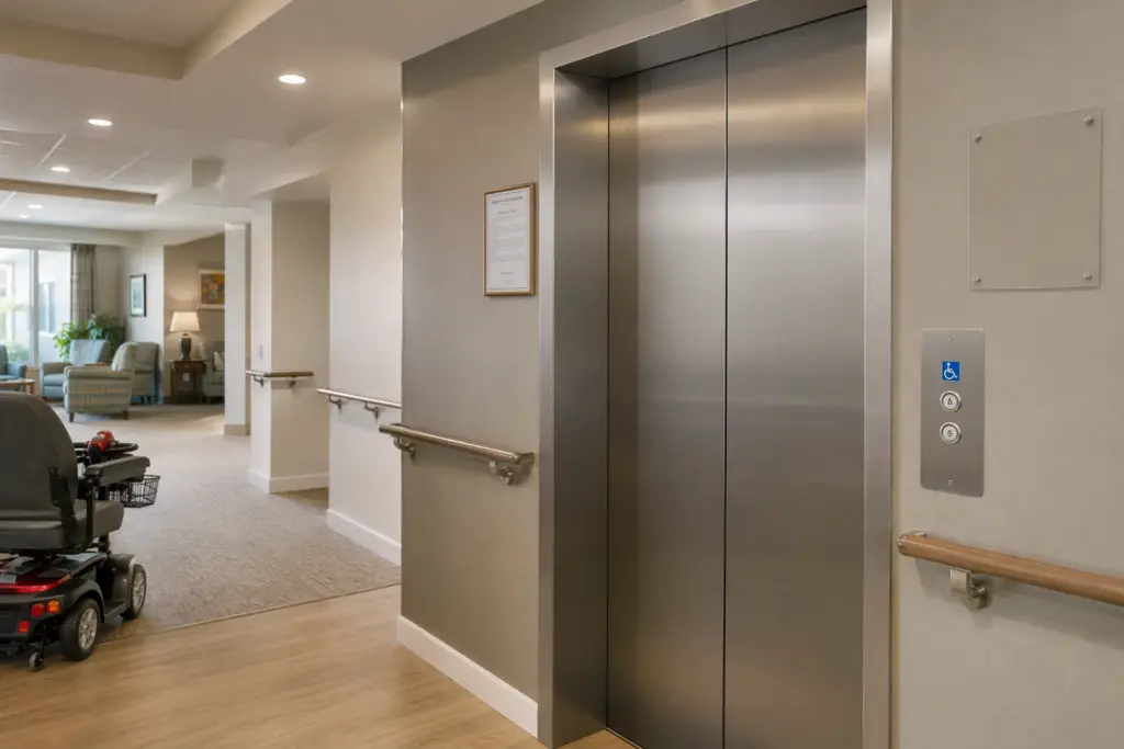 ADA-compliant elevator lobby in a California assisted living facility with Cal/OSHA permit posted beside brushed stainless steel elevator doors and dual-height handrails.