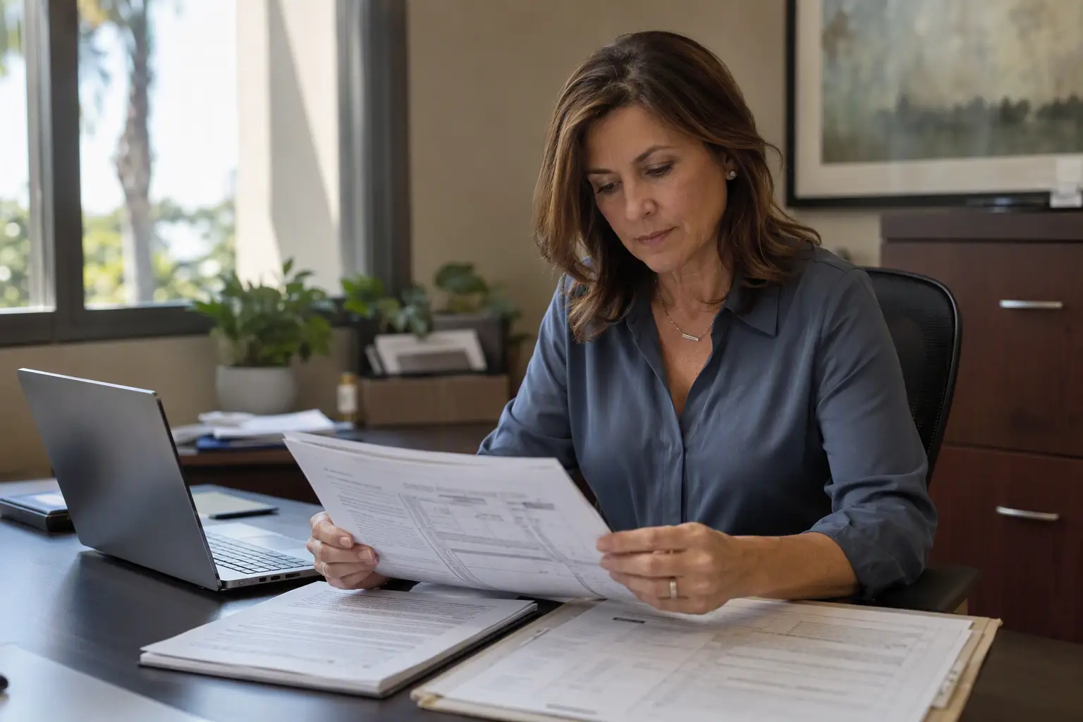 Assisted living facility operations manager in Southern California reviewing Cal/OSHA elevator permit documents and ADA compliance records at her office desk.