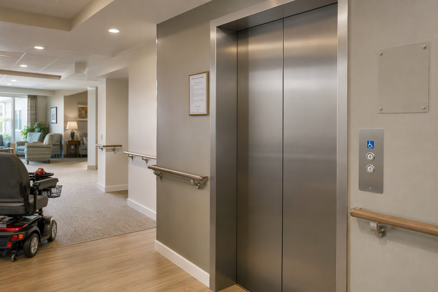 ADA-compliant elevator lobby in a California assisted living facility with Cal/OSHA permit posted beside brushed stainless steel elevator doors and dual-height handrails.