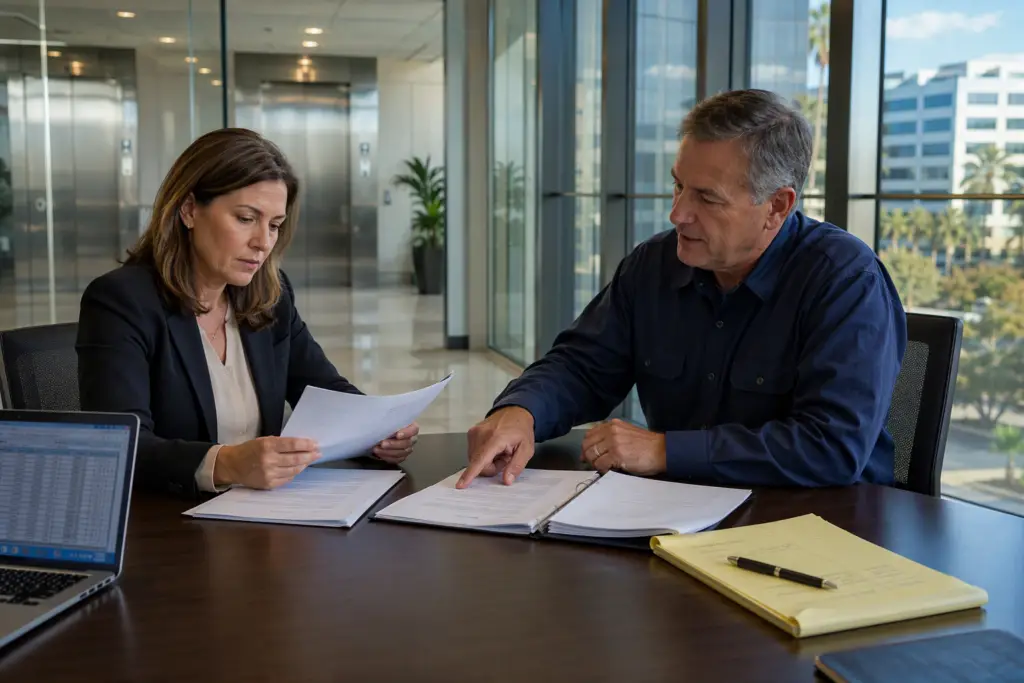Building manager and elevator contractor reviewing an elevator service contract at a conference table in a Long Beach CA commercial office building