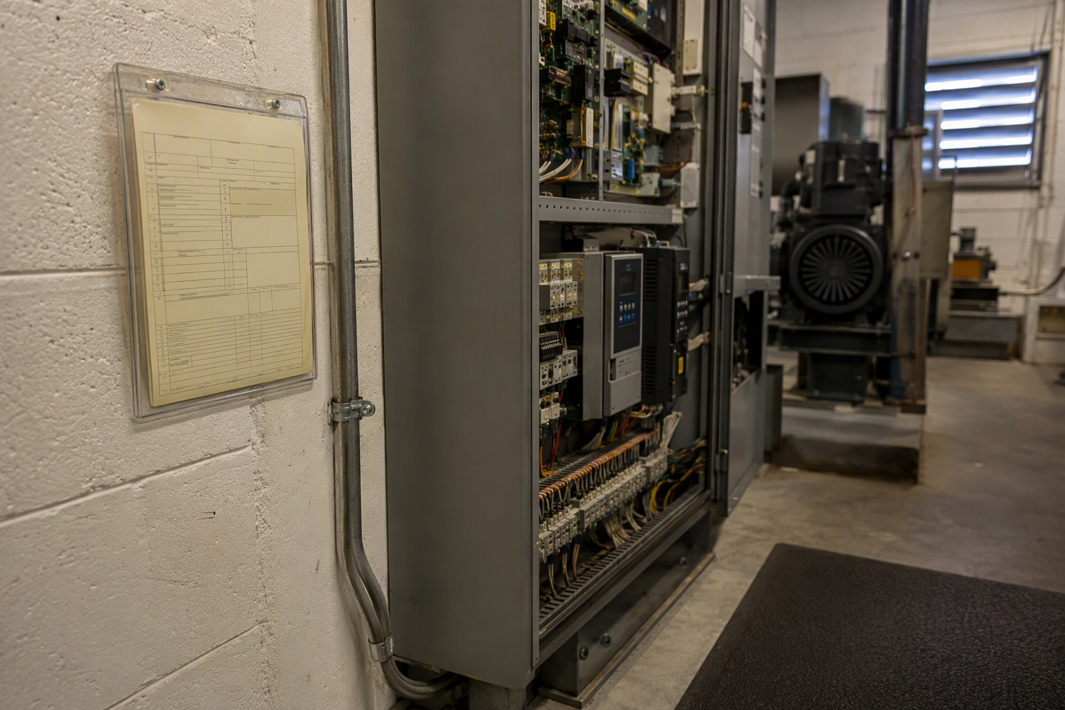 Cal/OSHA elevator permit to operate mounted in a machine room next to a controller cabinet, illustrating compliance requirements tied to elevator service contract type in California