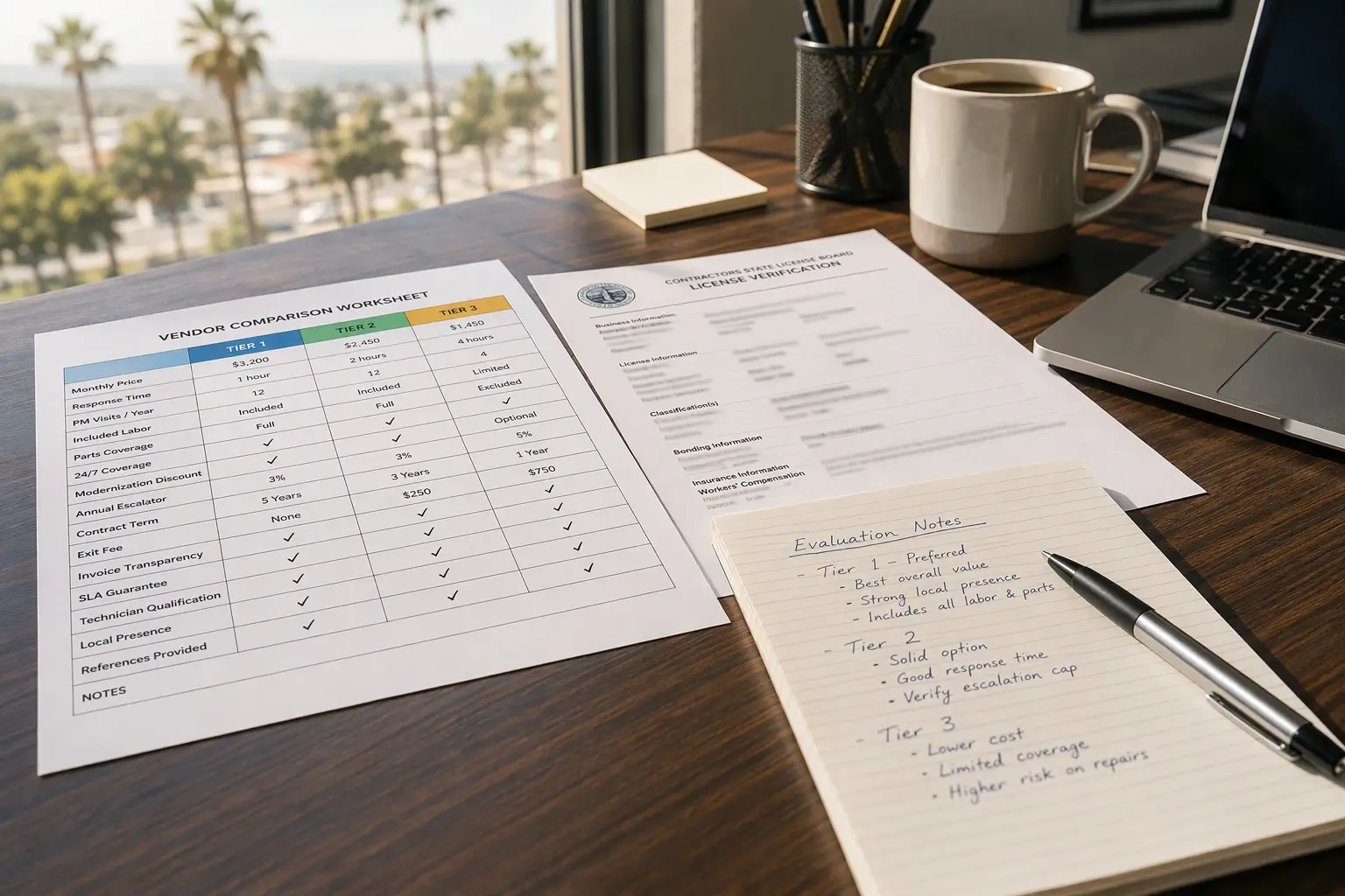 Facilities manager's desk with elevator vendor comparison documents and CSLB license verification printout during elevator contract negotiation process in Southern California