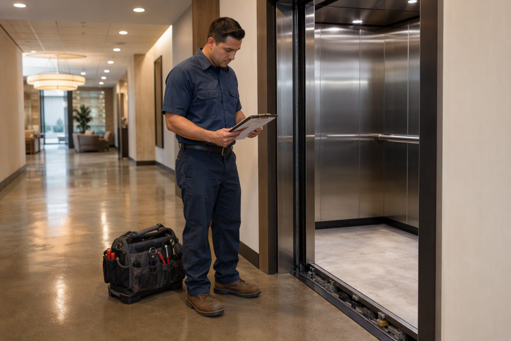 Licensed elevator contractor reviewing compliance documents beside an open commercial elevator cab in a Southern California mid-rise building lobby