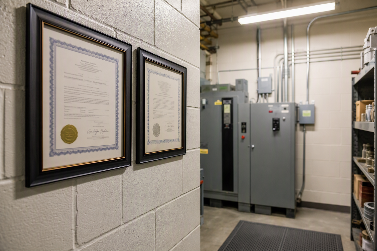 California Elevator Contractor Credentials C-11 contractor license and Cal/OSHA CQCC certificates mounted in an elevator machine room, showing required California elevator contractor credentials