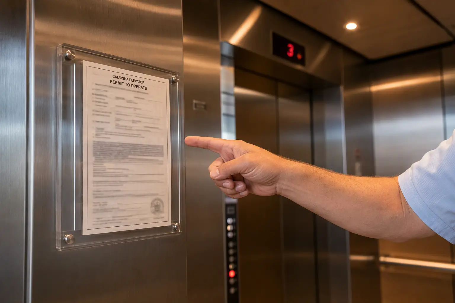 Cal/OSHA elevator permit to operate displayed inside a California elevator cab, a legal requirement for building owners to avoid liability from elevator downtime.