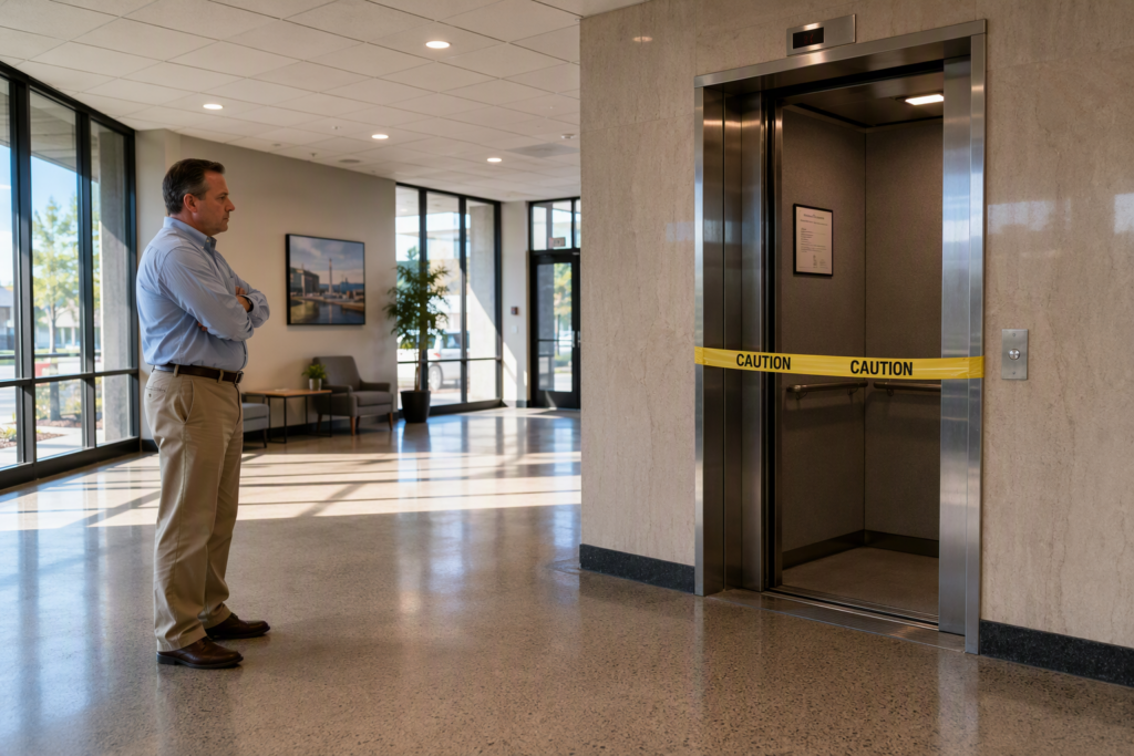 Out-of-service elevator with caution tape in a Signal Hill CA commercial building lobby, illustrating elevator downtime liability risk for building owners.