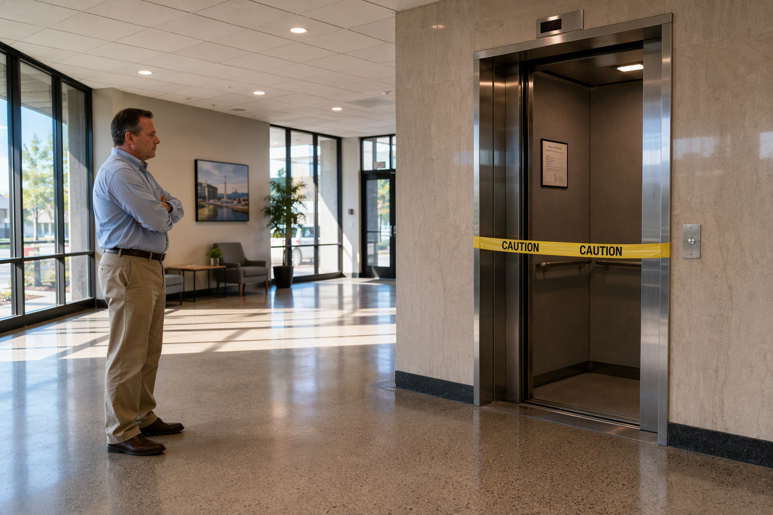 Out-of-service elevator with caution tape in a Signal Hill CA commercial building lobby, illustrating elevator downtime liability risk for building owners.