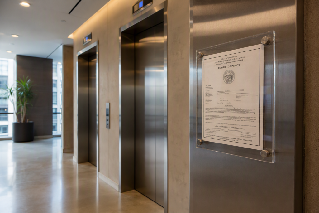 Cal/OSHA elevator permit to operate displayed in a Los Angeles commercial building lobby beside stainless steel elevator doors, required for elevator inspection compliance