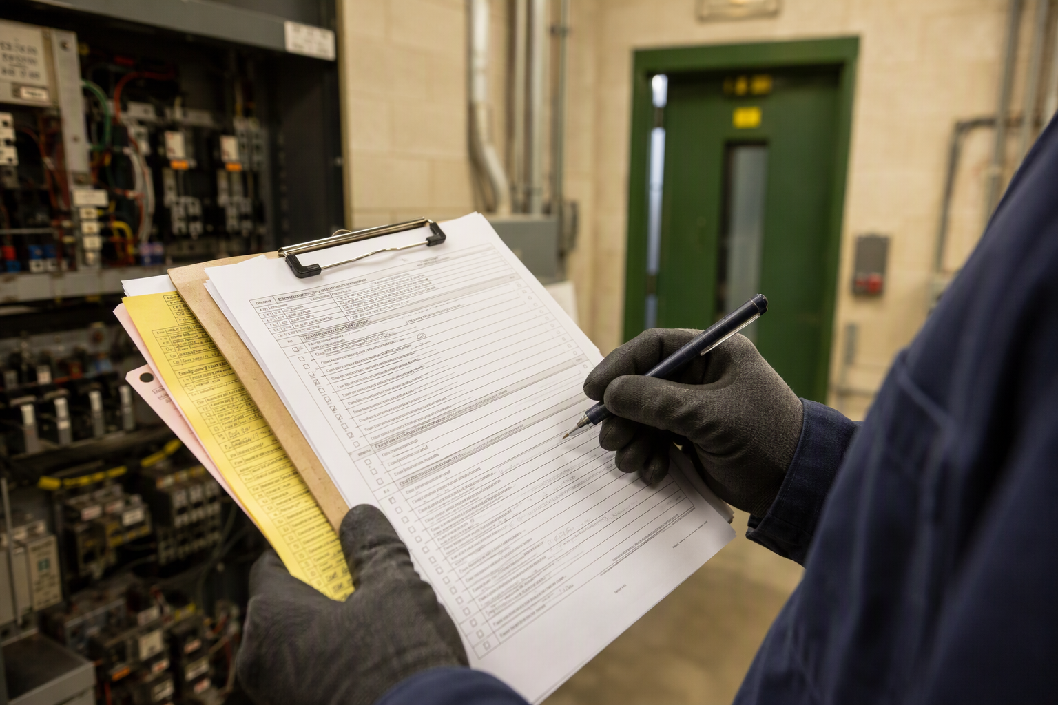 Elevator inspector reviewing Cal/OSHA compliance documentation on clipboard in a Los Angeles building machine room during an annual elevator inspection