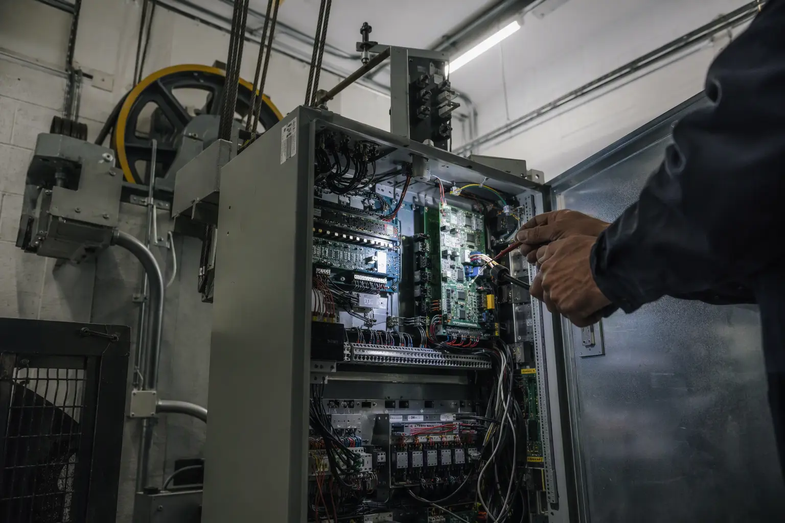 Certified elevator mechanic servicing a controller cabinet during elevator maintenance in a Signal Hill California building, supporting Cal/OSHA compliance
