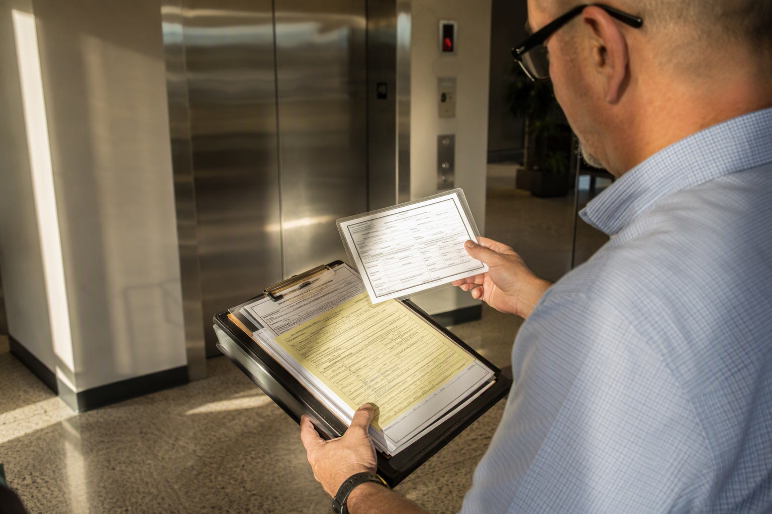 CCCI elevator inspector reviewing Cal/OSHA permit documentation beside an elevator in a Los Angeles office building lobby