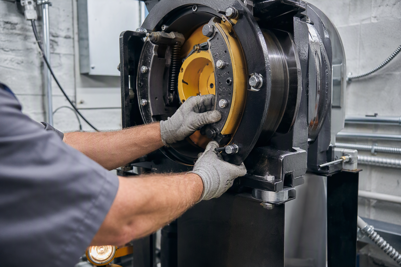 Elevator mechanic adjusting brake assembly on a traction hoisting machine during load test preparation in a Southern California machine room