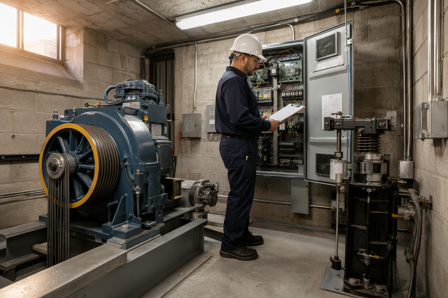 Certified elevator mechanic reviewing load test documentation at a traction elevator machine room controller in a Los Angeles commercial building