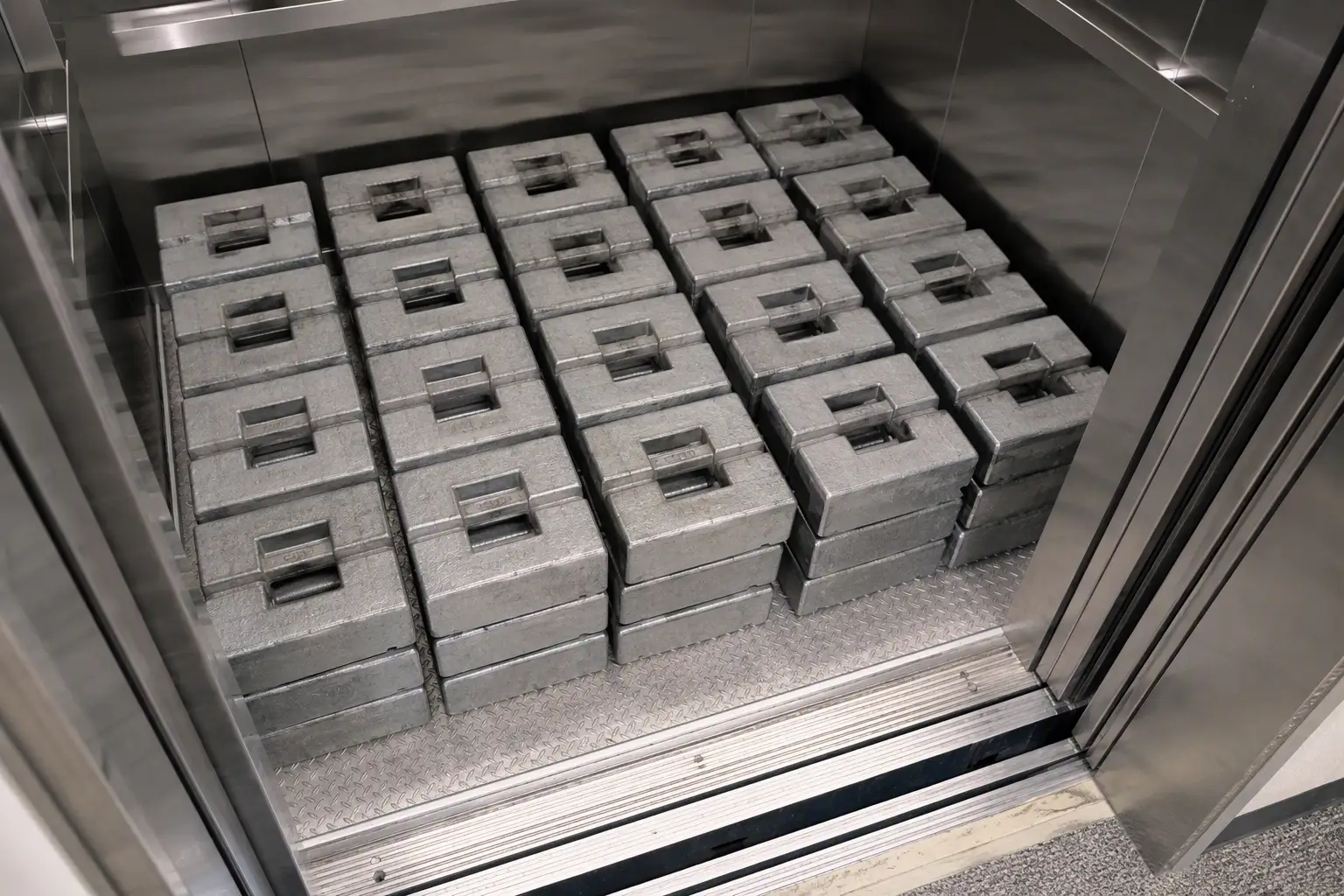 Steel load test weights placed inside a commercial elevator cab in Los Angeles to verify rated capacity compliance under ASME A17.1 safety code