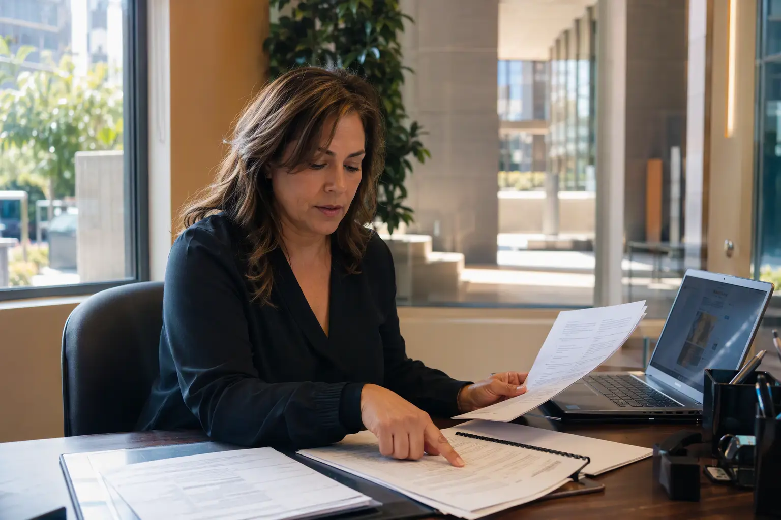 Building manager in a Los Angeles office reviewing elevator load testing compliance documents and CQCC certification requirements under California Labor Code