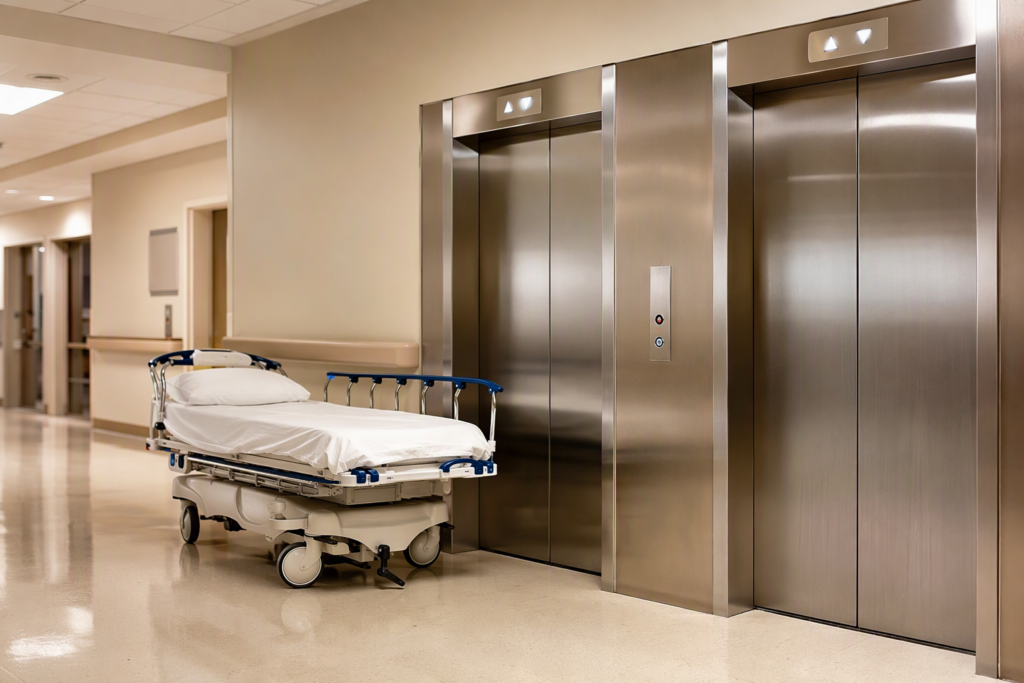 Hospital elevator bank in a California healthcare facility with stainless-steel doors and a gurney nearby, illustrating elevator maintenance California compliance requirements.