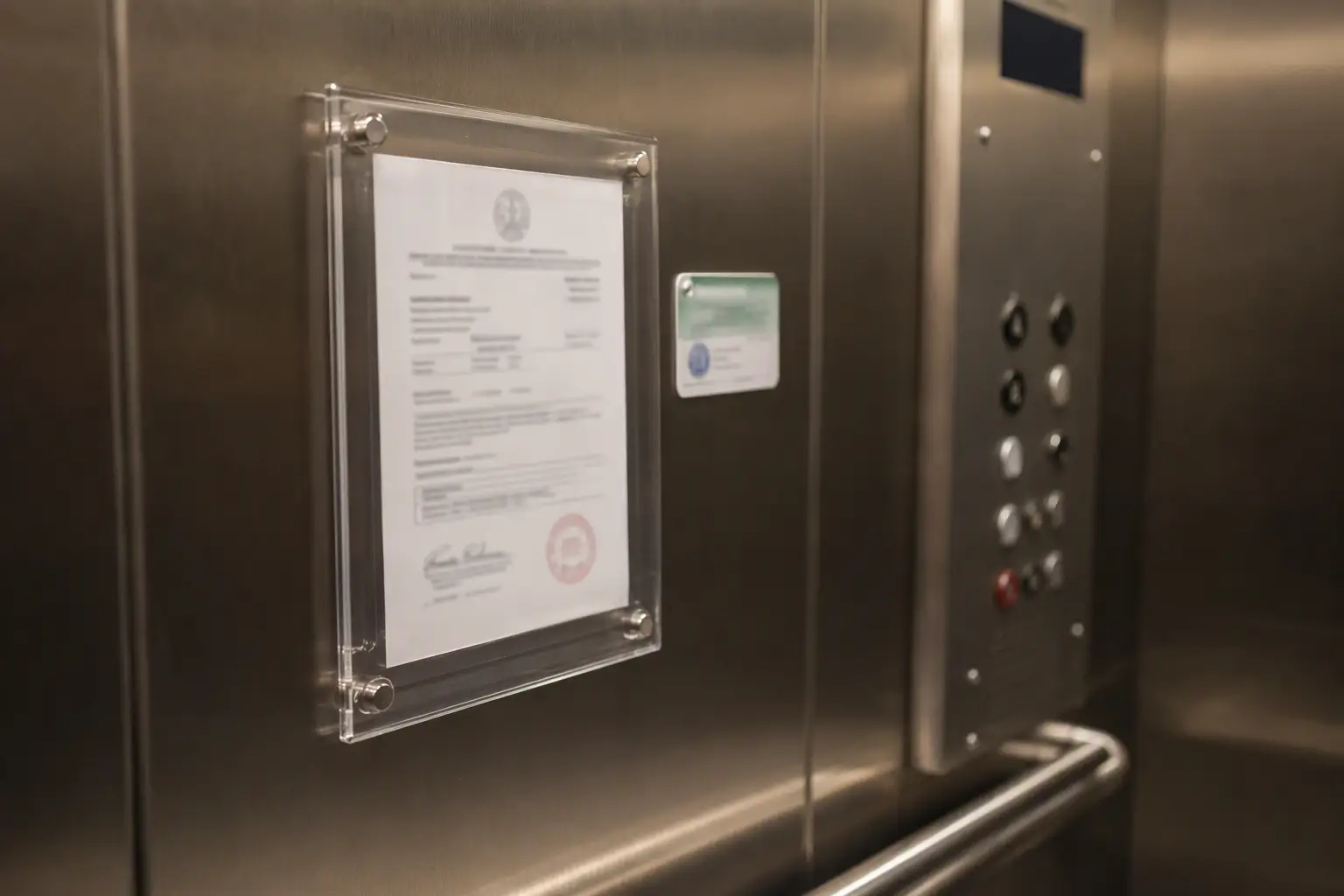 Cal/OSHA elevator permit to operate posted inside a California healthcare facility elevator cab, a legal requirement under California Labor Code Sections 7300–7324.2 for elevator maintenance Californi