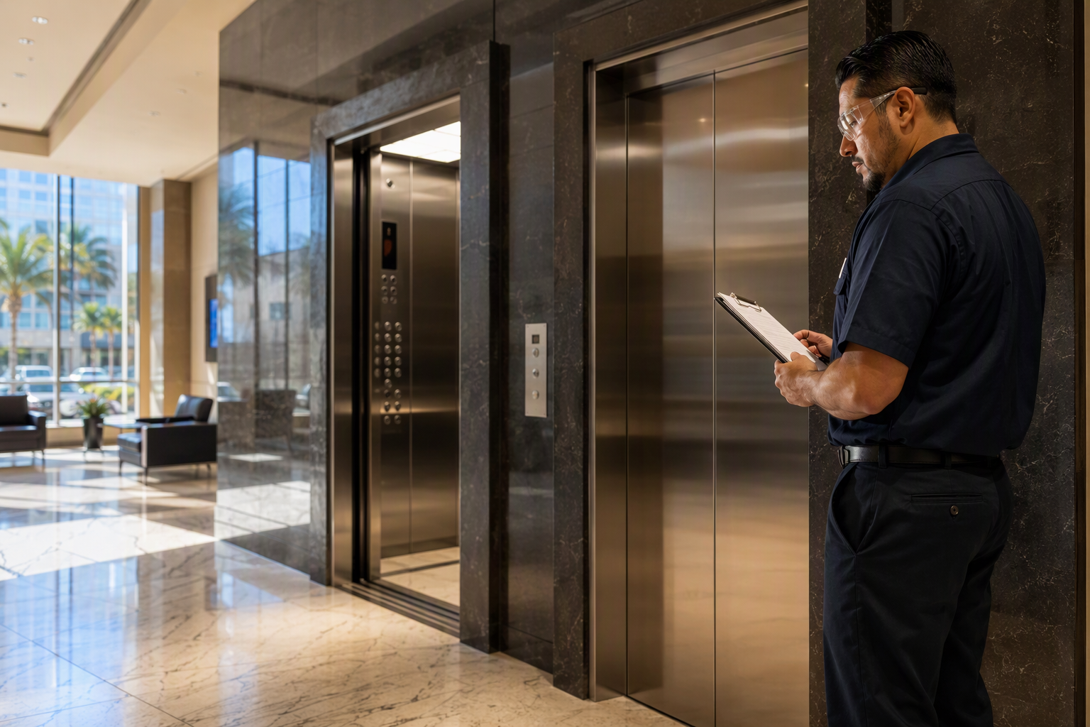 Elevator Maintenance Company — Lobby Service Inspection Elevator maintenance company technician reviewing service documentation beside open elevator cab in a Long Beach CA commercial office building lobby