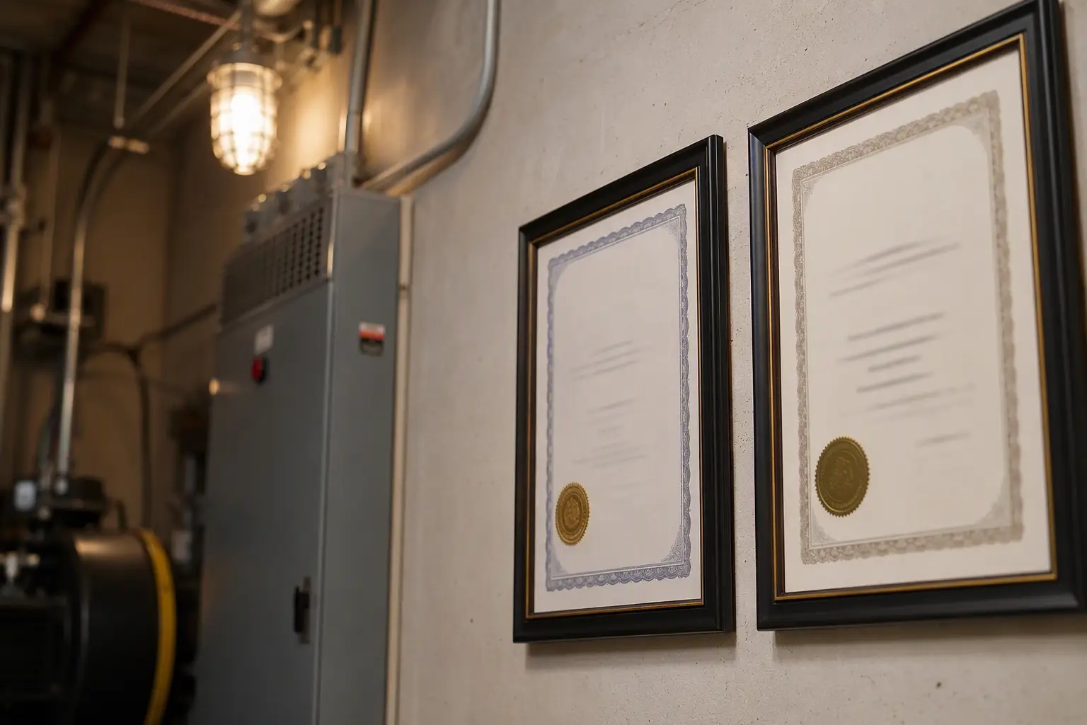 California Elevator Company Certifications — CQCC and C-11 Cal/OSHA CQCC certificate and C-11 elevator contractor license credentials displayed in an elevator machine room, required for California elevator maintenance companies