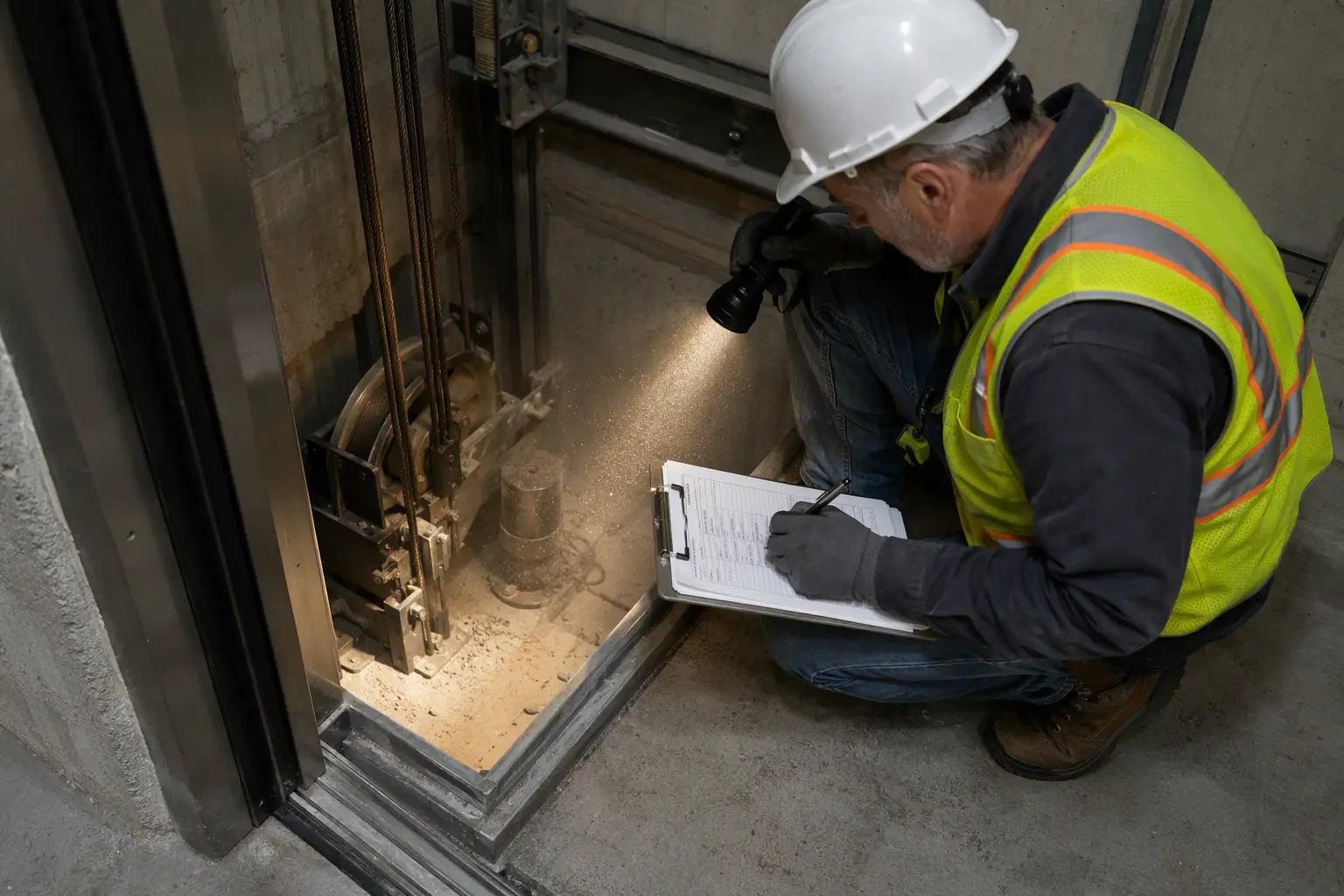 Annual California Elevator Inspection — Hoistway Pit Review Elevator inspector examining hoistway pit during a California annual conveyance inspection required by Cal/OSHA for permitted elevator operation