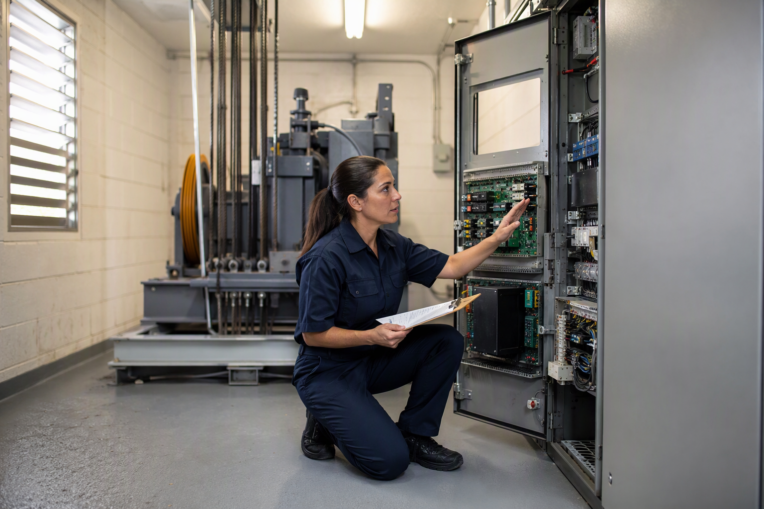 Machine Room Elevator Maintenance Inspection Certified elevator technician inspecting traction machine room controller during a scheduled elevator maintenance visit at a Signal Hill CA commercial building