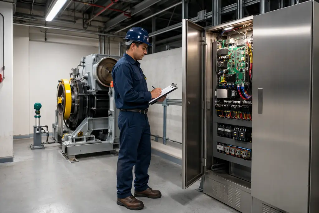 Licensed elevator technician reviewing maintenance documentation beside an open controller panel in a Long Beach commercial building machine room during a scheduled elevator maintenance service visit.