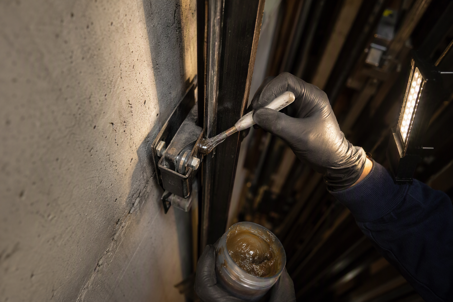 Guide Rail Lubrication During Elevator Maintenance Close-up of elevator technician lubricating a steel guide rail inside a hoistway during a comprehensive elevator maintenance service inspection covering mechanical components in Los Angeles County.