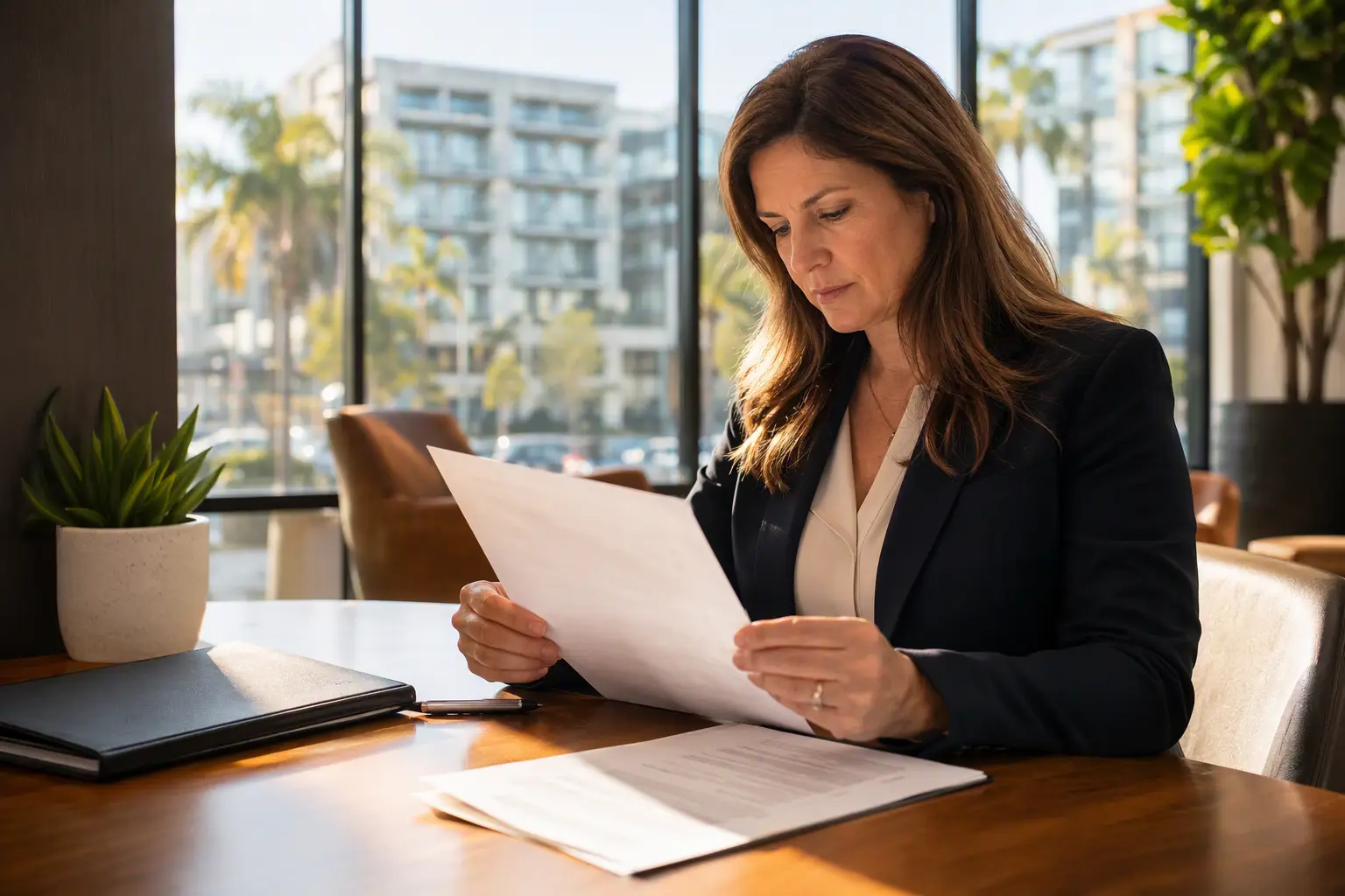Building Owner Reviewing Elevator Compliance Documents Property manager reviewing an elevator permit to operate and maintenance service contract in a Southern California commercial building lobby, reflecting California Cal/OSHA compliance requirements for