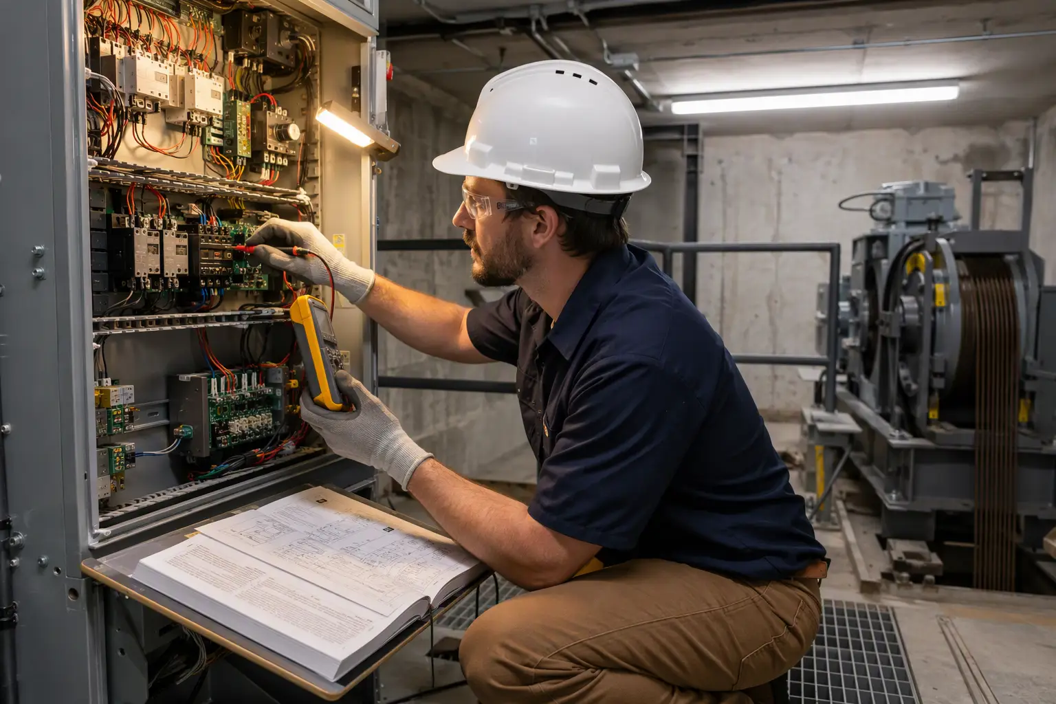 Certified elevator mechanic using a diagnostic meter inside a machine room controller cabinet during elevator maintenance services for an Orange County CA building