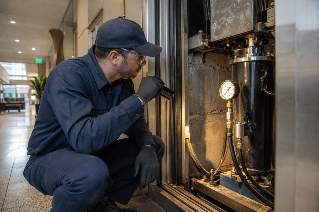 Certified elevator mechanic inspecting hydraulic pressure gauge during an elevator pressure test at a Los Angeles area commercial building served by Liftech Elevator.