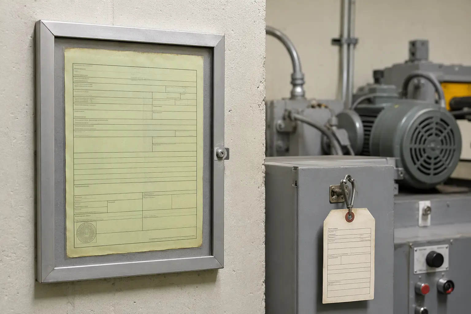California elevator permit to operate and inspection tag mounted in a hydraulic elevator machine room, representing Cal/OSHA compliance requirements for Los Angeles elevator pressure testing.