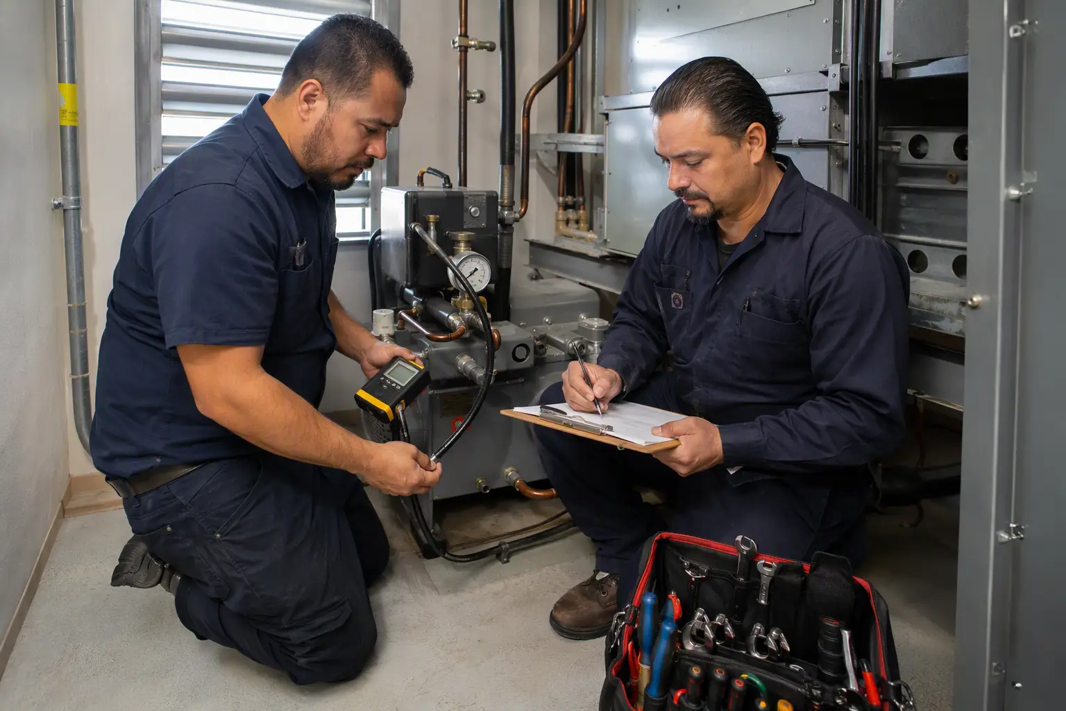 Two certified conveyance mechanics conducting a step-by-step hydraulic elevator pressure test procedure in a Los Angeles area building machine room for Liftech Elevator.