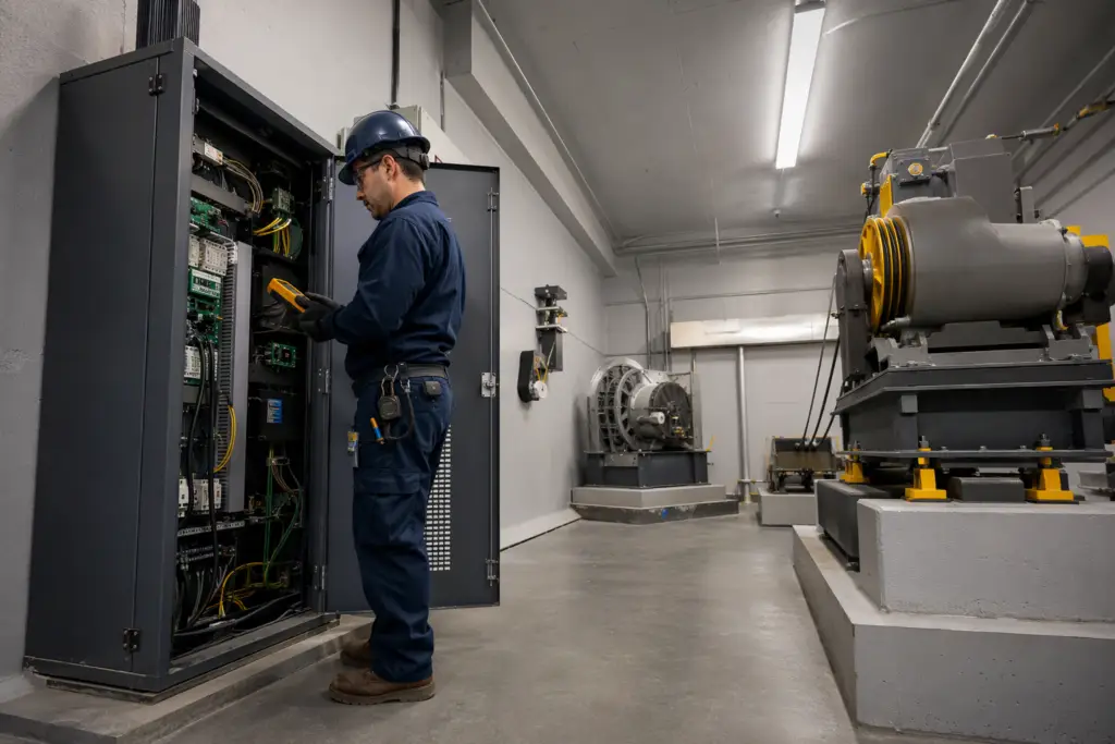 Certified elevator mechanic inspecting a traction elevator machine room controller in a Long Beach CA commercial building during routine elevator repair and maintenance service