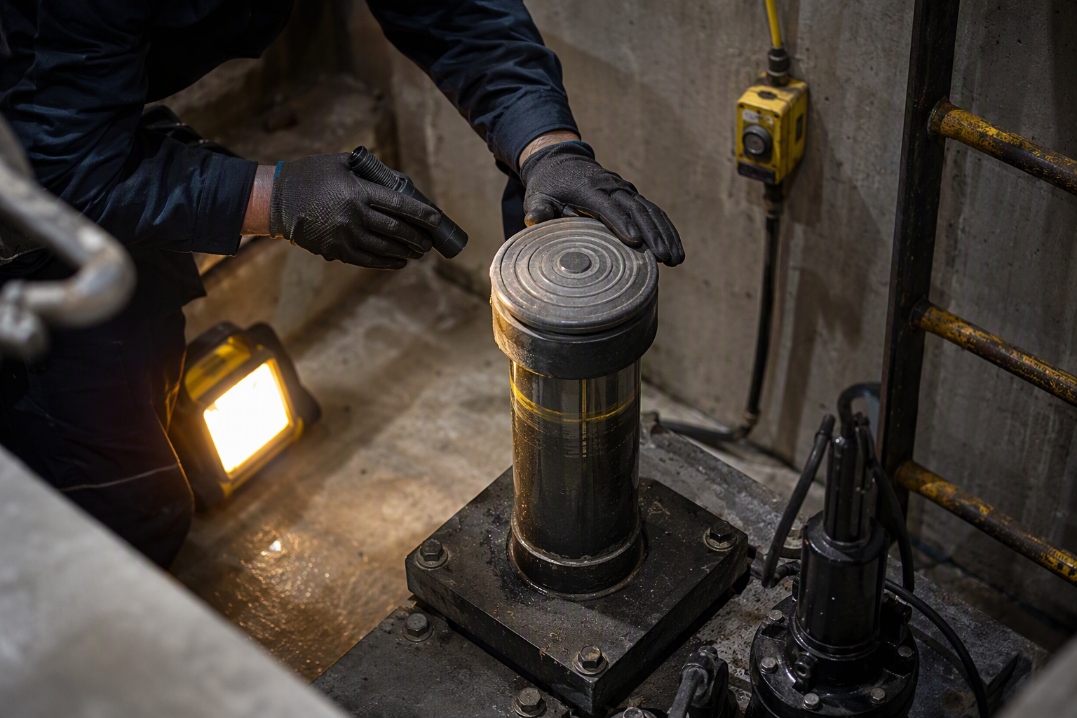 Elevator Pit Safety Component Check Elevator technician inspecting hydraulic buffer and oil level in a residential building elevator pit during preventive maintenance service in Los Angeles County CA