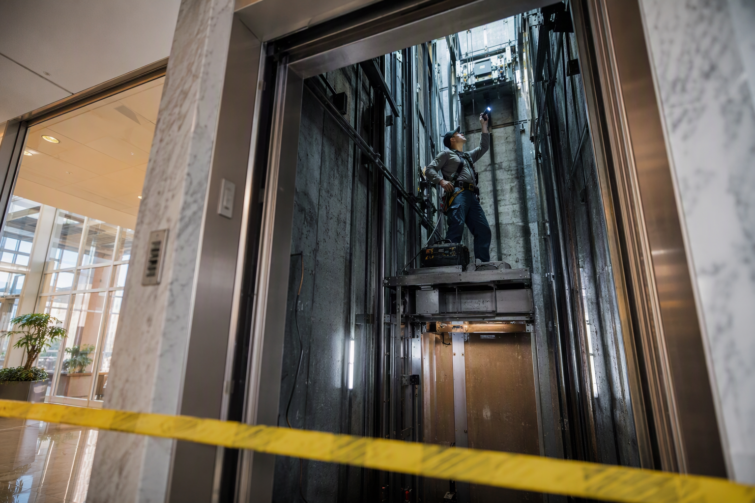 Certified elevator mechanic performing elevator repair services inside a commercial hoistway at a Long Beach California office building, inspecting overhead equipment