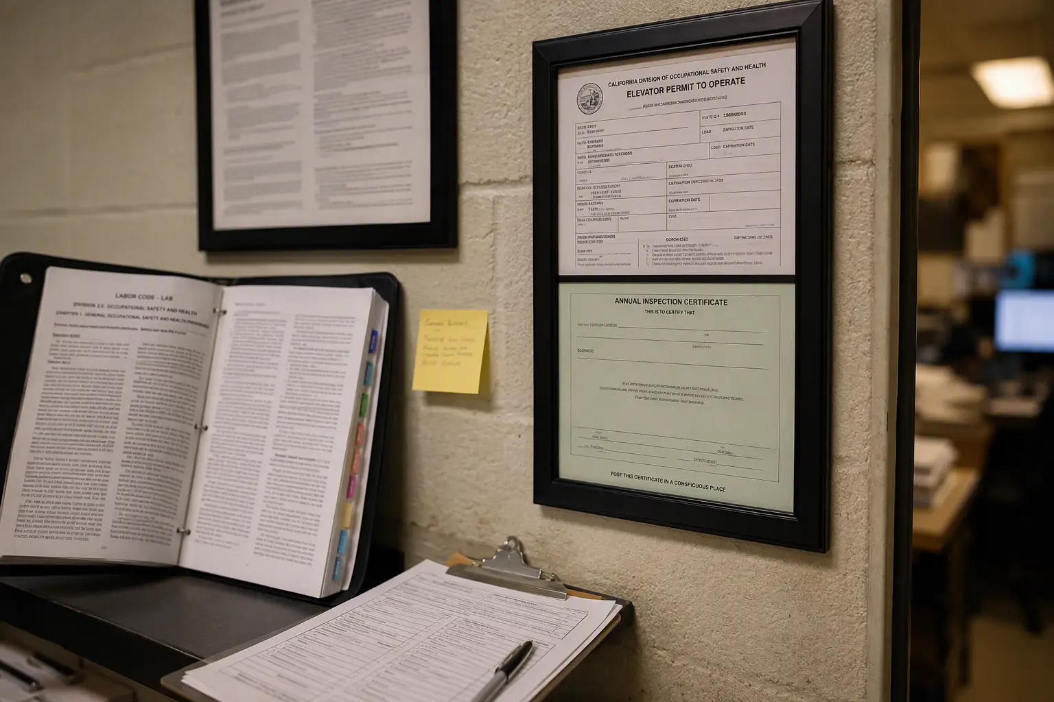 Cal/OSHA elevator permit to operate and inspection certificate posted in a Los Angeles California building management office confirming regulatory compliance