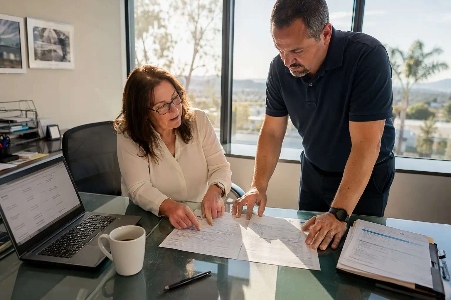 Building manager and elevator contractor reviewing C-11 license and CQCC certification paperwork for elevator repair services compliance in Signal Hill California