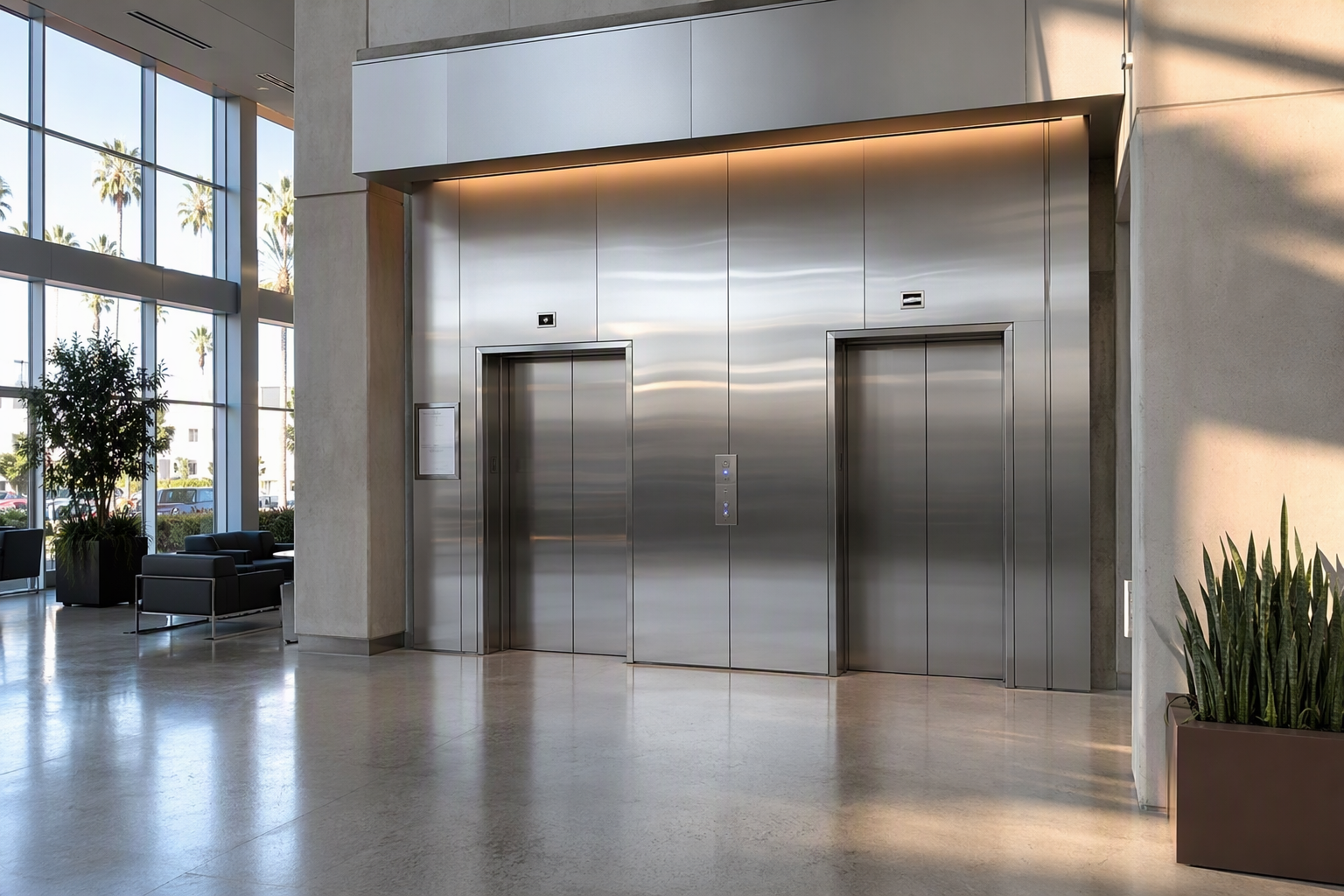 Commercial Elevator Bank — Signal Hill, CA Commercial elevator bank in a Signal Hill California building lobby, showing stainless-steel cab doors and illuminated call buttons serviced by a certified elevator service company in California.