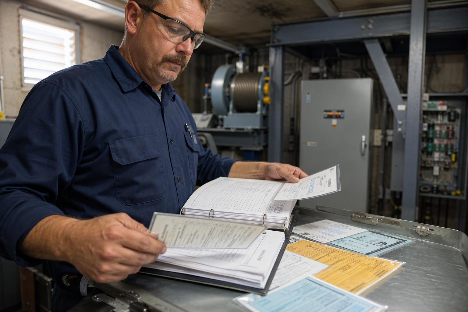 CQCC Compliance Review — Machine Room Certified elevator mechanic reviewing CQCC compliance documentation in a California elevator machine room, fulfilling Cal/OSHA licensing requirements for a qualified conveyance company.