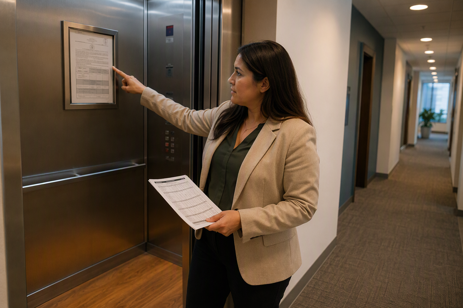 Annual Inspection Permit — Long Beach Office Building Facility manager checking the annual Cal/OSHA elevator inspection permit posted inside a Long Beach California office building elevator cab, a requirement for all California elevator service complianc
