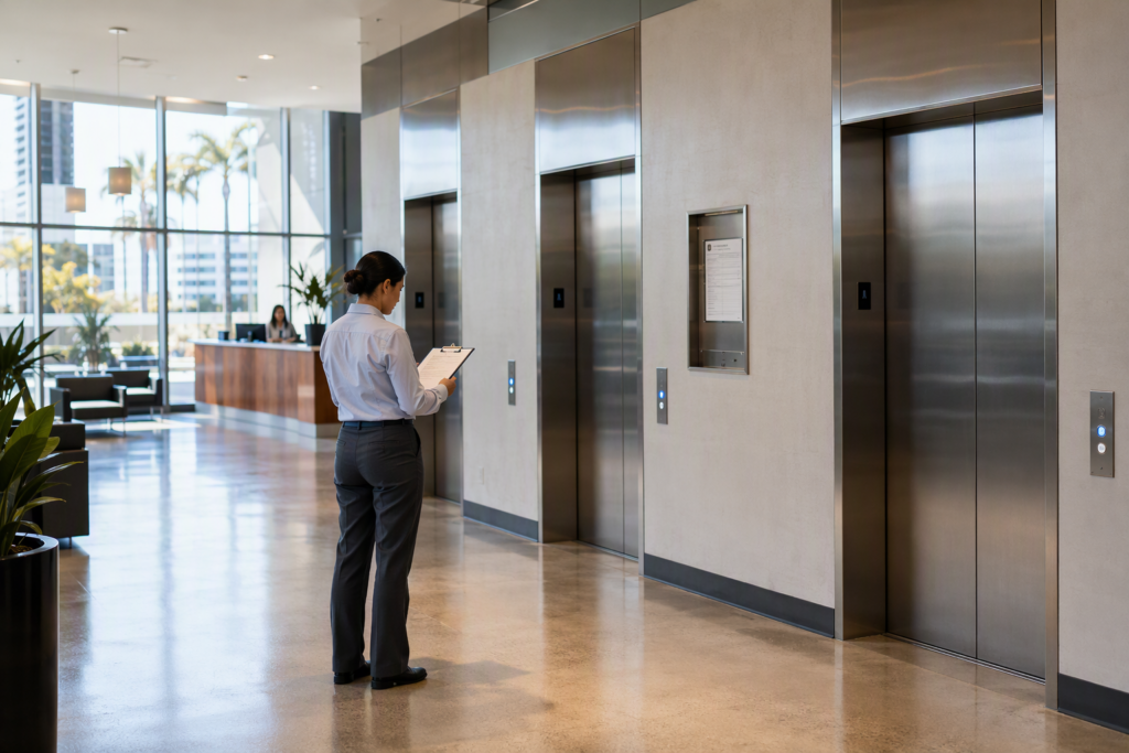 Facilities manager reviewing elevator servicing documentation in a Long Beach CA commercial building lobby with Cal/OSHA permit posted beside stainless steel elevator doors