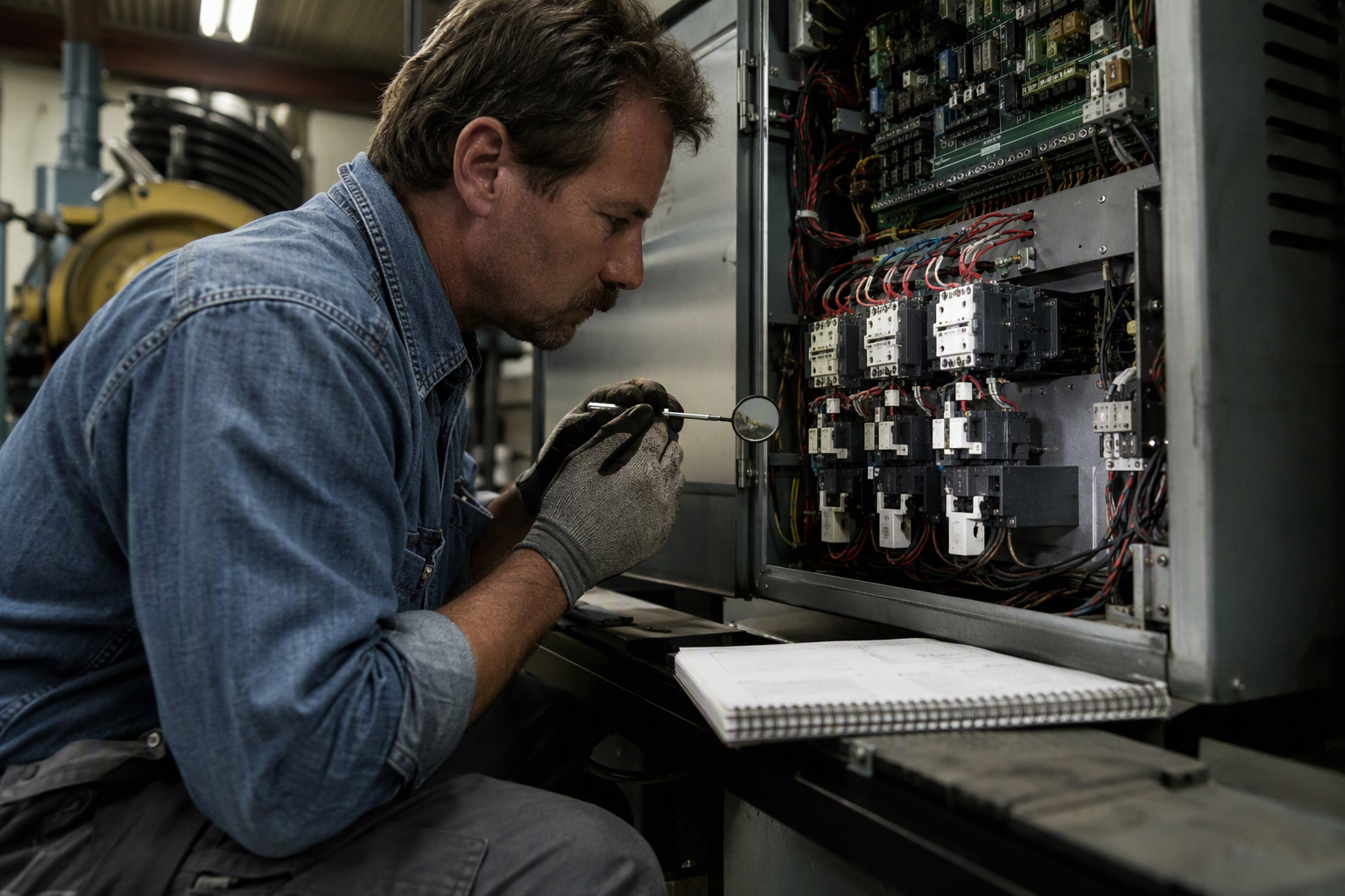 Machine Room Controller Inspection Certified elevator mechanic inspecting a traction machine controller inside a Signal Hill CA machine room during a scheduled elevator servicing visit
